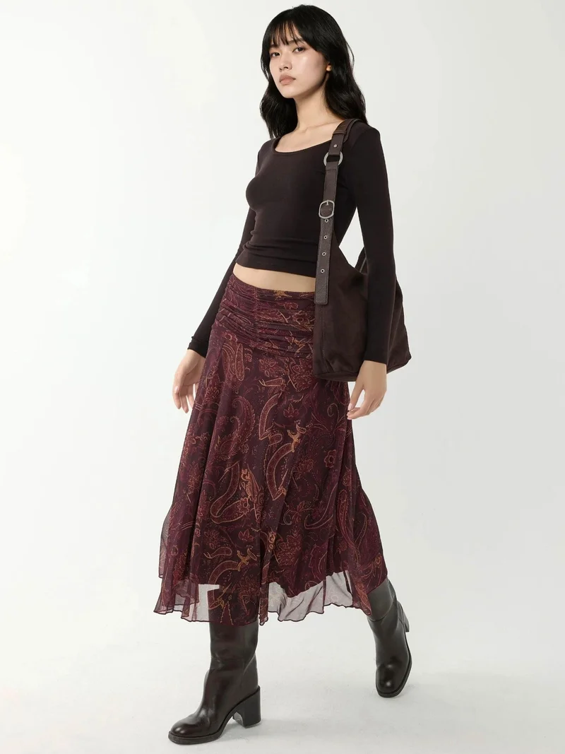 HICCUP Mocha Brown Patterned Midi Wrap Skirt with Ruffle Detail for Women | Best Price UAE