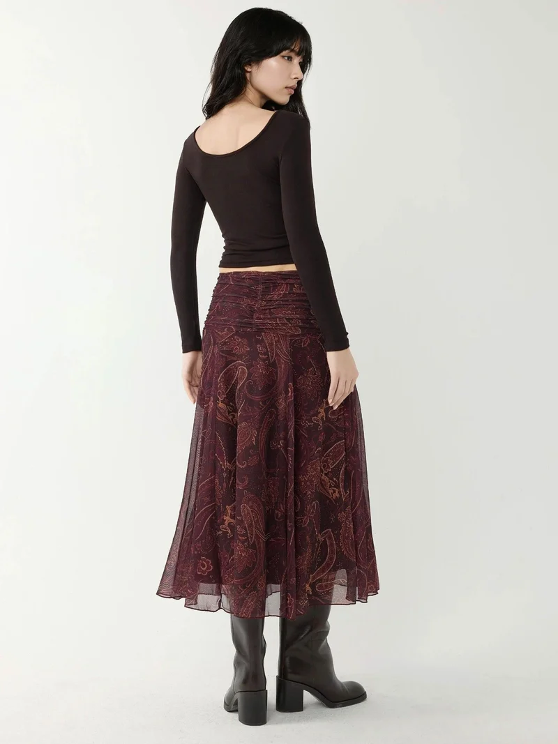 HICCUP Mocha Brown Patterned Midi Wrap Skirt with Ruffle Detail for Women | Best Price UAE