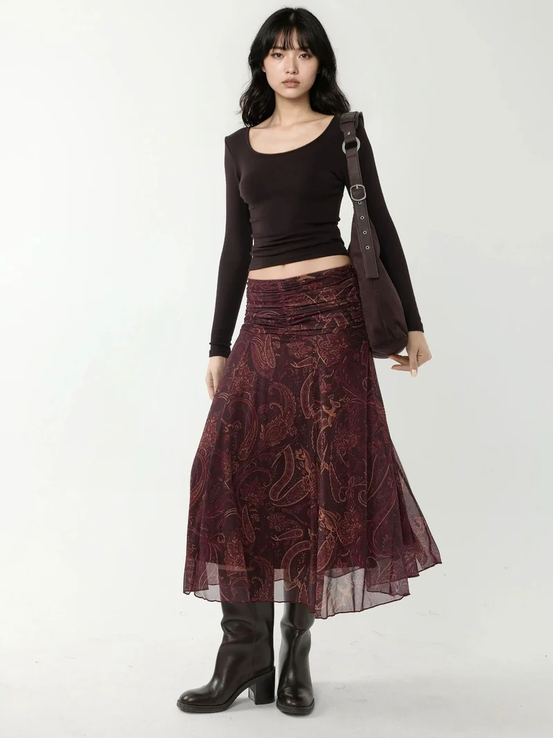 HICCUP Mocha Brown Patterned Midi Wrap Skirt with Ruffle Detail for Women | Best Price UAE