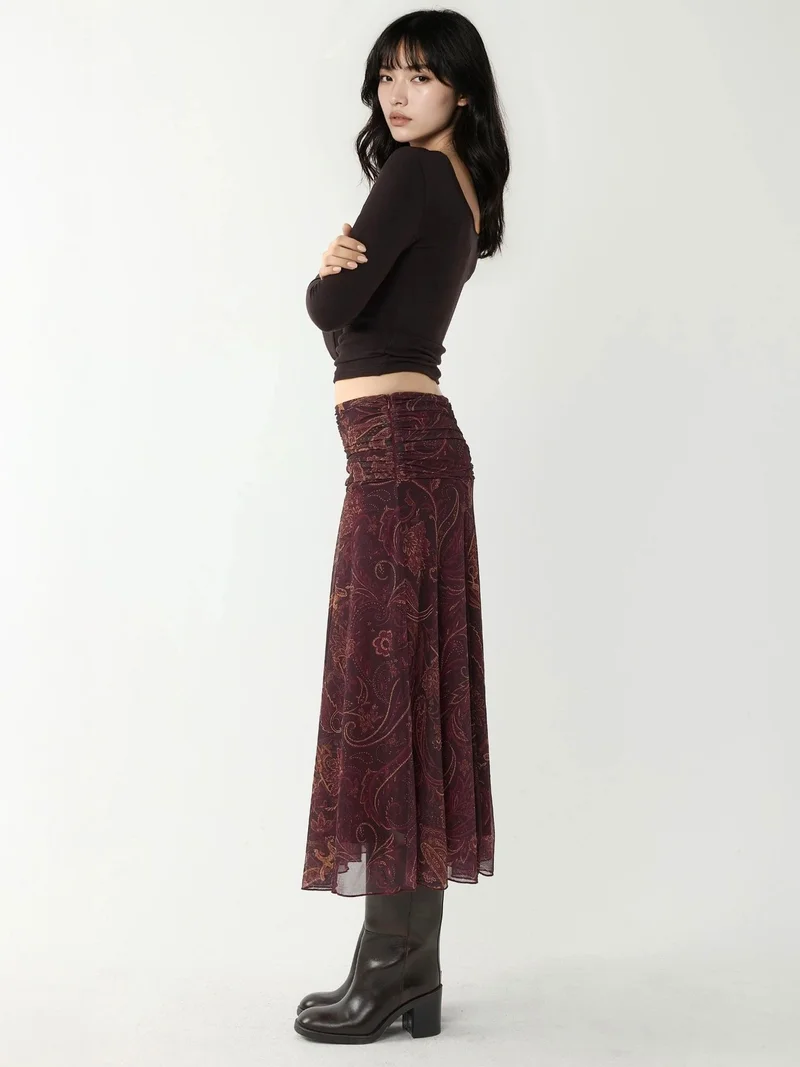 HICCUP Mocha Brown Patterned Midi Wrap Skirt with Ruffle Detail for Women | Best Price UAE