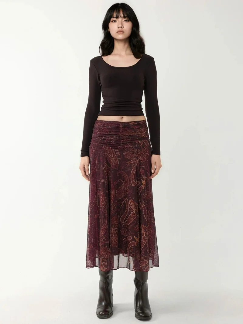 HICCUP Mocha Brown Patterned Midi Wrap Skirt with Ruffle Detail for Women | Best Price UAE