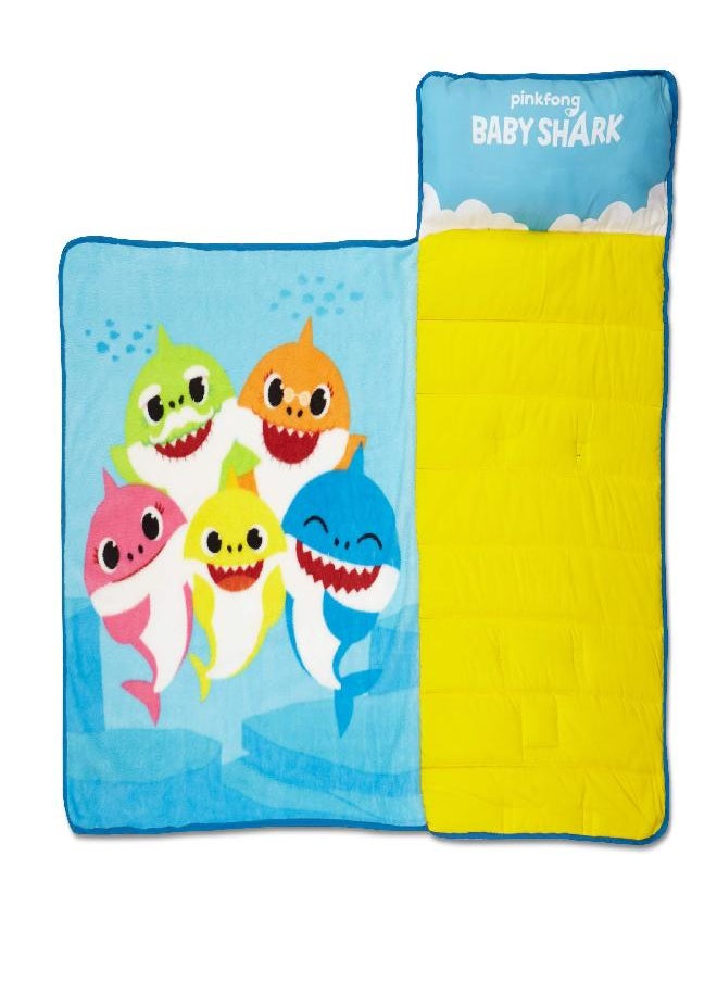 BABY SHARK - Baby Shark Toddler Nap Mat - Includes Pillow and Fleece Blanket - Great for Boys and Girls Napping at Daycare, Preschool, Or Kindergarten - Fits Sleeping Toddlers and Young Children - Image 1