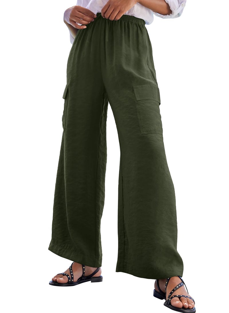 EVALESS Wide Leg Slacks Woman 2025 Summer Lightweight Flowy Beach Pant High Waisted Lounge Loose Trousers with Pockets Moss Green M - Image 1