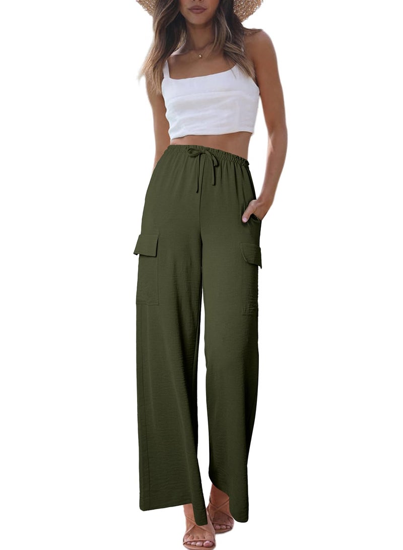 EVALESS Wide Leg Slacks Woman 2025 Summer Lightweight Flowy Beach Pant High Waisted Lounge Loose Trousers with Pockets Moss Green M - Image 5
