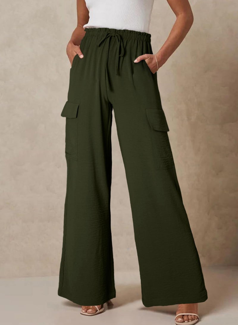 EVALESS Wide Leg Slacks Woman 2025 Summer Lightweight Flowy Beach Pant High Waisted Lounge Loose Trousers with Pockets Moss Green M - Image 2