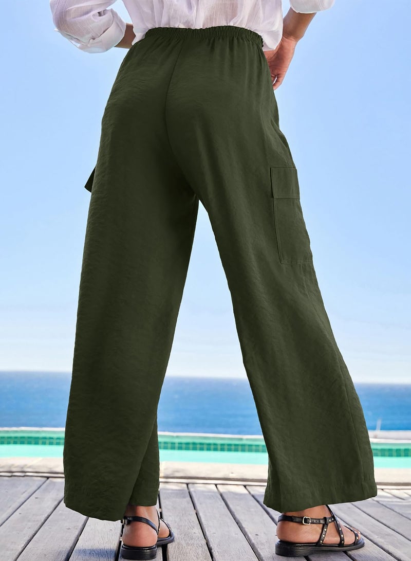 EVALESS Wide Leg Slacks Woman 2025 Summer Lightweight Flowy Beach Pant High Waisted Lounge Loose Trousers with Pockets Moss Green M - Image 3