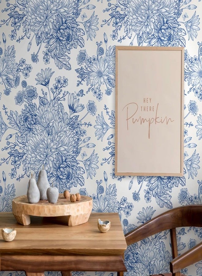 MuralPeel ورق جدران MuralPeel أبيض/أزرق بنقشة زهور الأقحوان، ورق جدران لاصق ذاتي قابل للإزالة، سهل التركيب، مناسب لغرف النوم المستأجرة. - Image 5