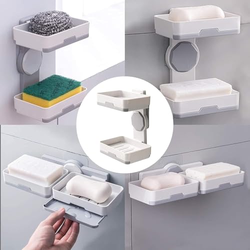 OLMARTT KITCHENWARE Wall Mounted Double Layers Soap Dish Saver with Drain Tray, Adhesive Sponge Holder No-Drilling Soap Holder for Shower Bathroom Kitchen - Image 3