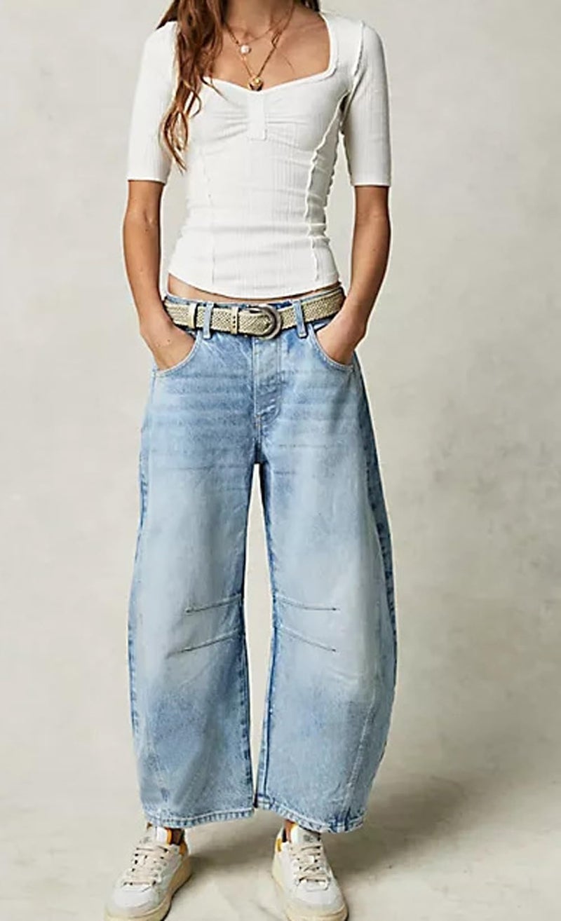 loveimgs Womens Stretchy Mid Rise Barrel Jeans Vintage Loose Wide Leg Cropped Denim Pants Y2k Baggy Boyfriend Jeans (Large,Light Blue) - Image 4