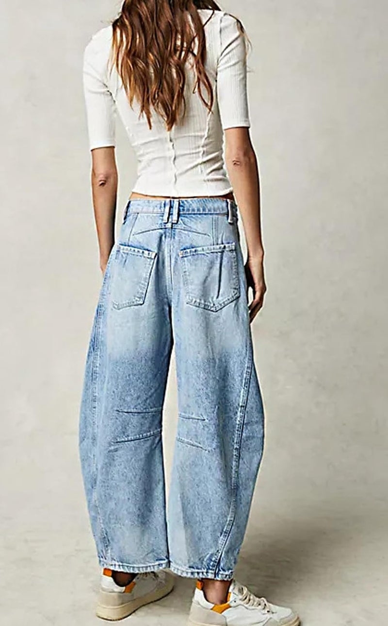 loveimgs Womens Stretchy Mid Rise Barrel Jeans Vintage Loose Wide Leg Cropped Denim Pants Y2k Baggy Boyfriend Jeans (Large,Light Blue) - Image 3