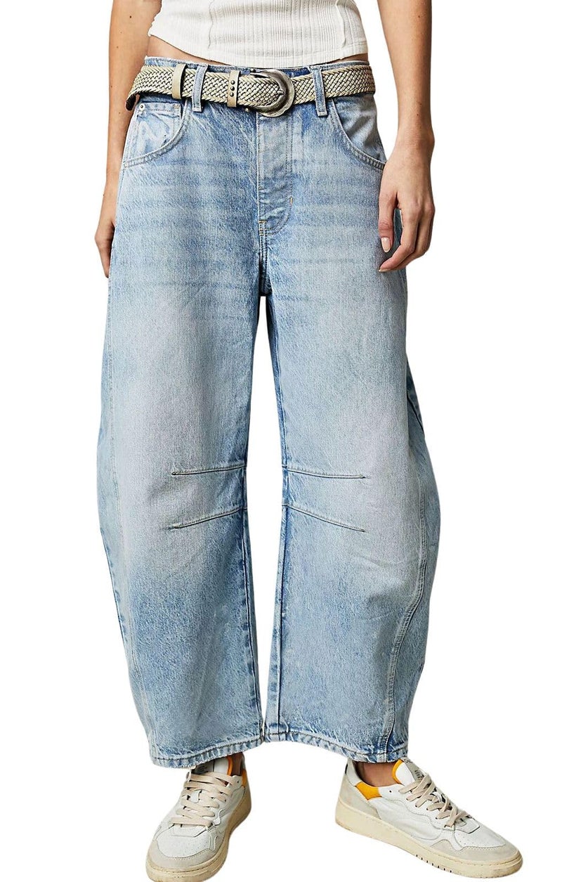 loveimgs Womens Stretchy Mid Rise Barrel Jeans Vintage Loose Wide Leg Cropped Denim Pants Y2k Baggy Boyfriend Jeans (Large,Light Blue) - Image 1
