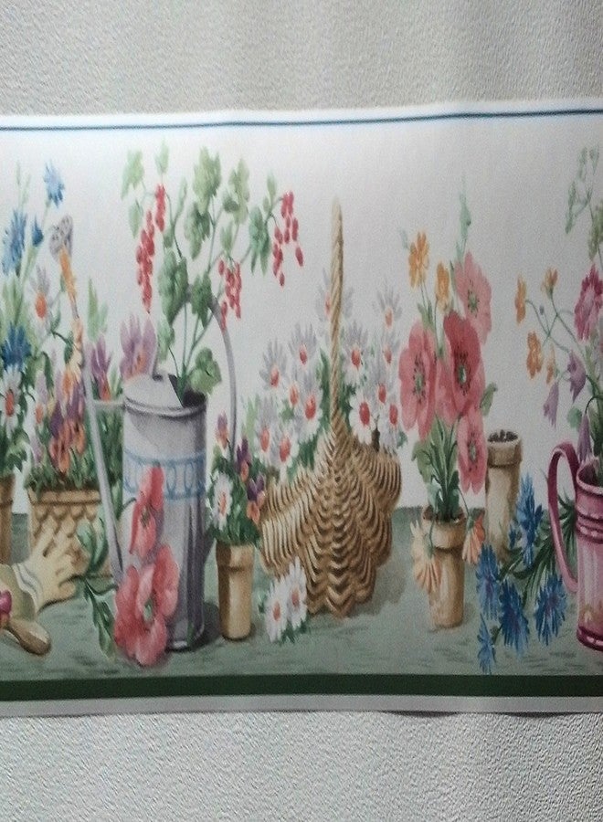 Cornerstone Gardening Flowers Watering Can Wallpaper Border - Green - Image 4