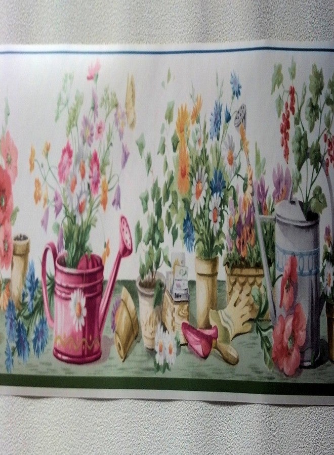 Cornerstone Gardening Flowers Watering Can Wallpaper Border - Green - Image 2