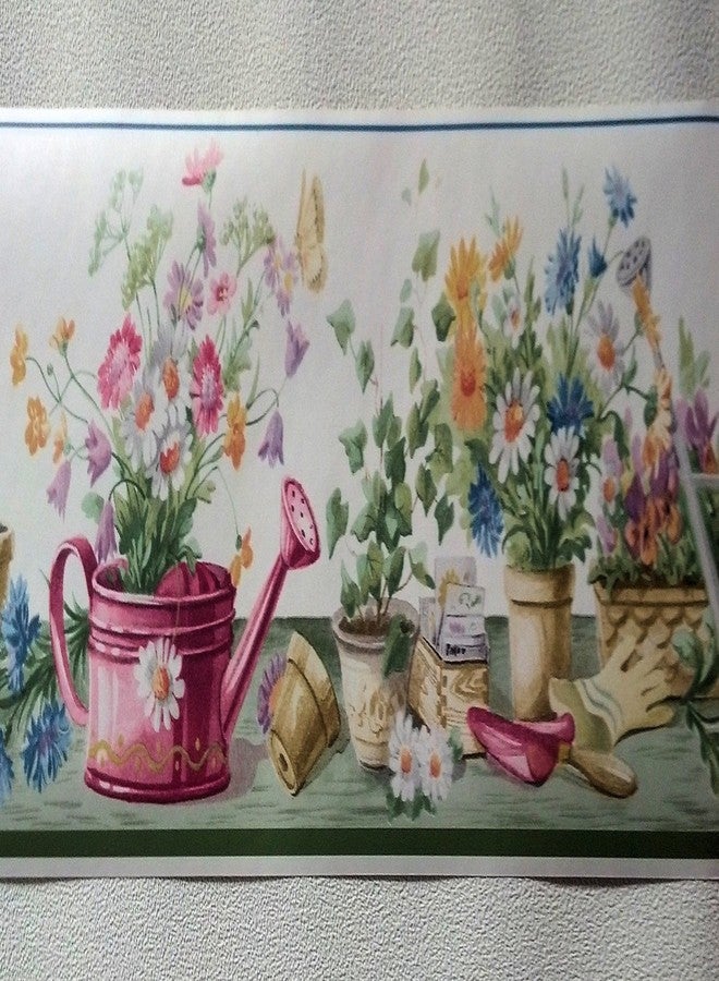 Cornerstone Gardening Flowers Watering Can Wallpaper Border - Green - Image 3