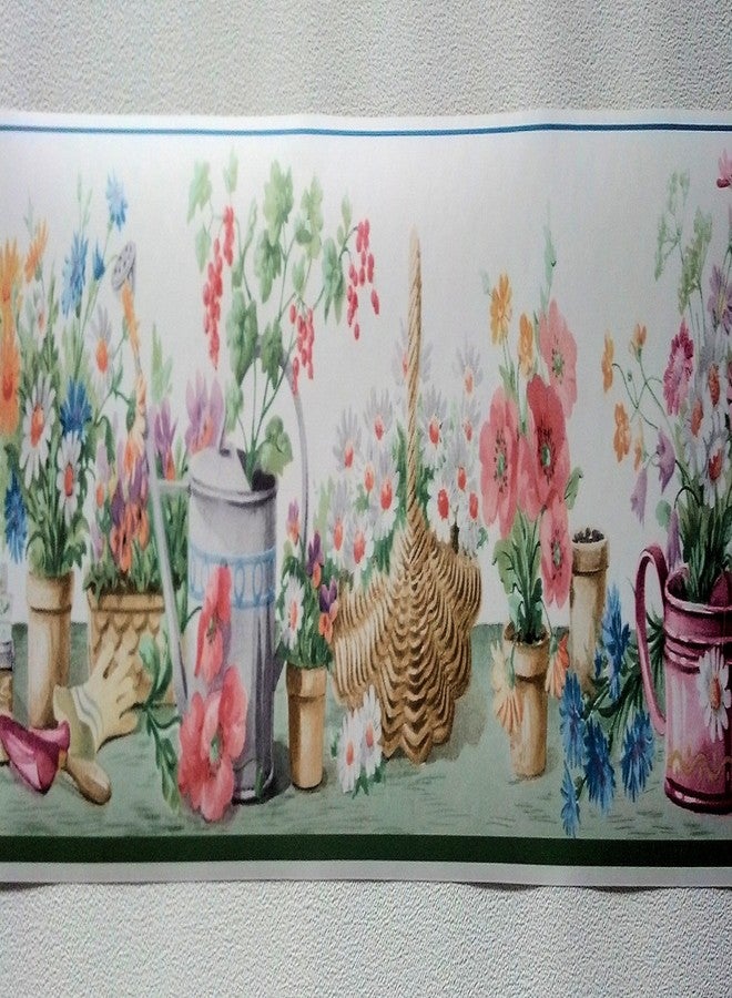 Cornerstone Gardening Flowers Watering Can Wallpaper Border - Green - Image 1