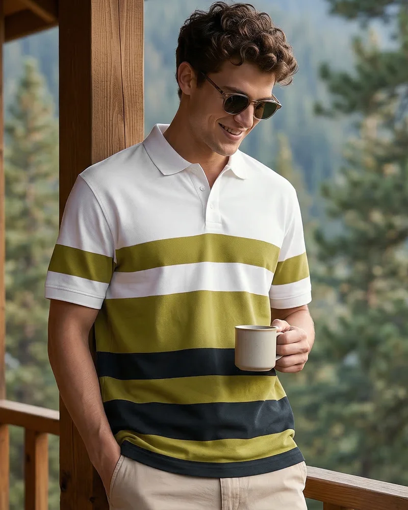 بيواكوف Men's Bright White & Avocado Oil Yellow Color Block Polo T-shirt