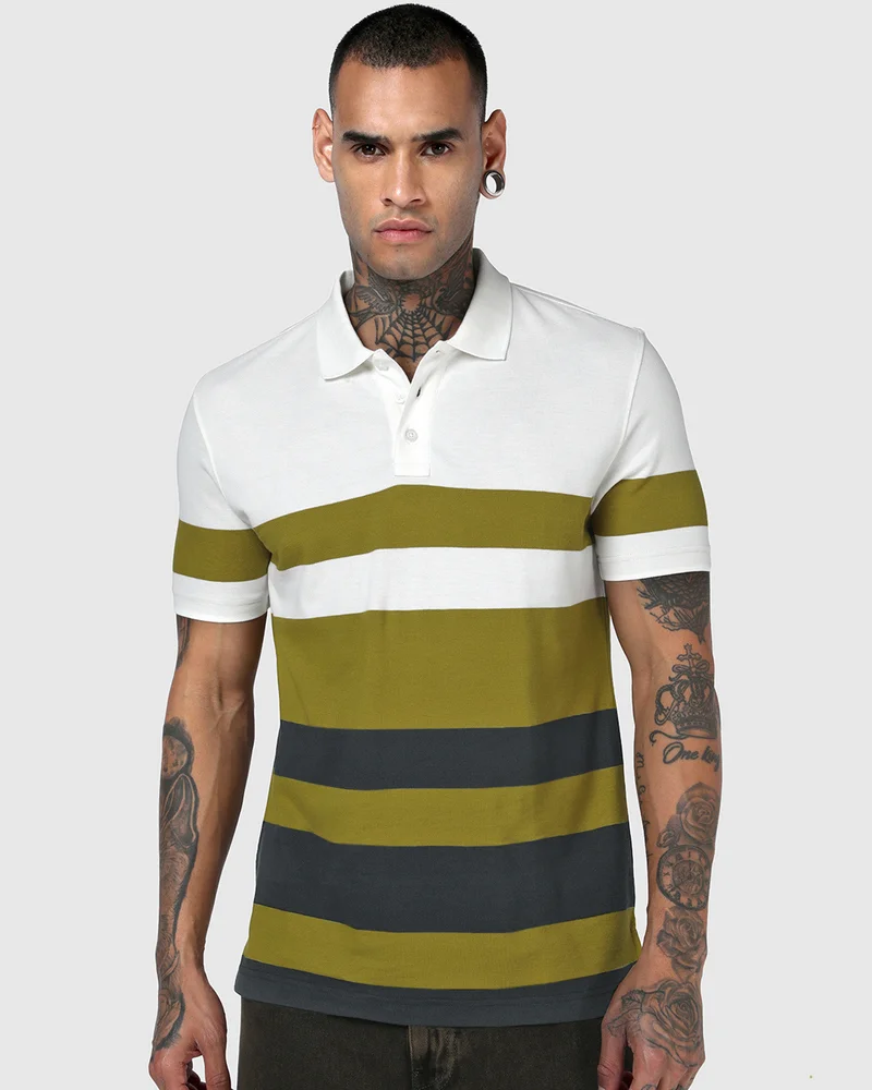 بيواكوف Men's Bright White & Avocado Oil Yellow Color Block Polo T-shirt