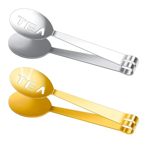 Supvox® Tea Bag Tongs 4.72 inches Stainless Steel Loose Tea Leaf Tongs Stylish Cutout Design Kitchen Utility Tongs for Ice Cube, Ingredients, Tea Bags, Loose Tea, Golden & Silver - Image 1