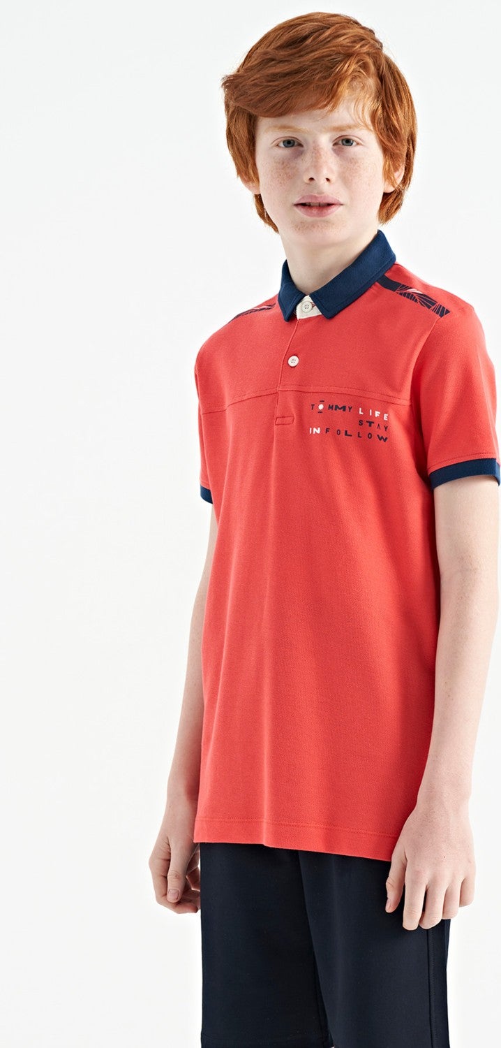 Tommy Life Coral Print Detailed Standard Pattern Polo Collar Boy T-Shirt - 11140 - Image 1