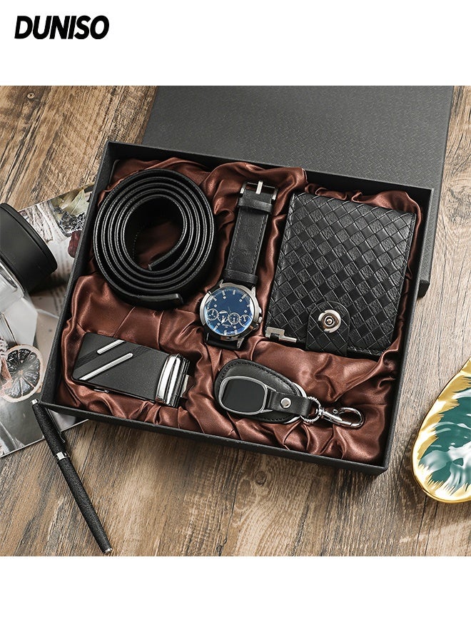 DUNISO مجموعة هدايا ساعة للرجال 5 قطع، مجموعة هدايا فاخرة للأعمال، مجموعة ساعات كوارتز بحزام جلد أنيق، هدية للزوج، الأب، التخرج، عيد الميلاد، الأصدقاء، المعلم، الطالب - Image 1