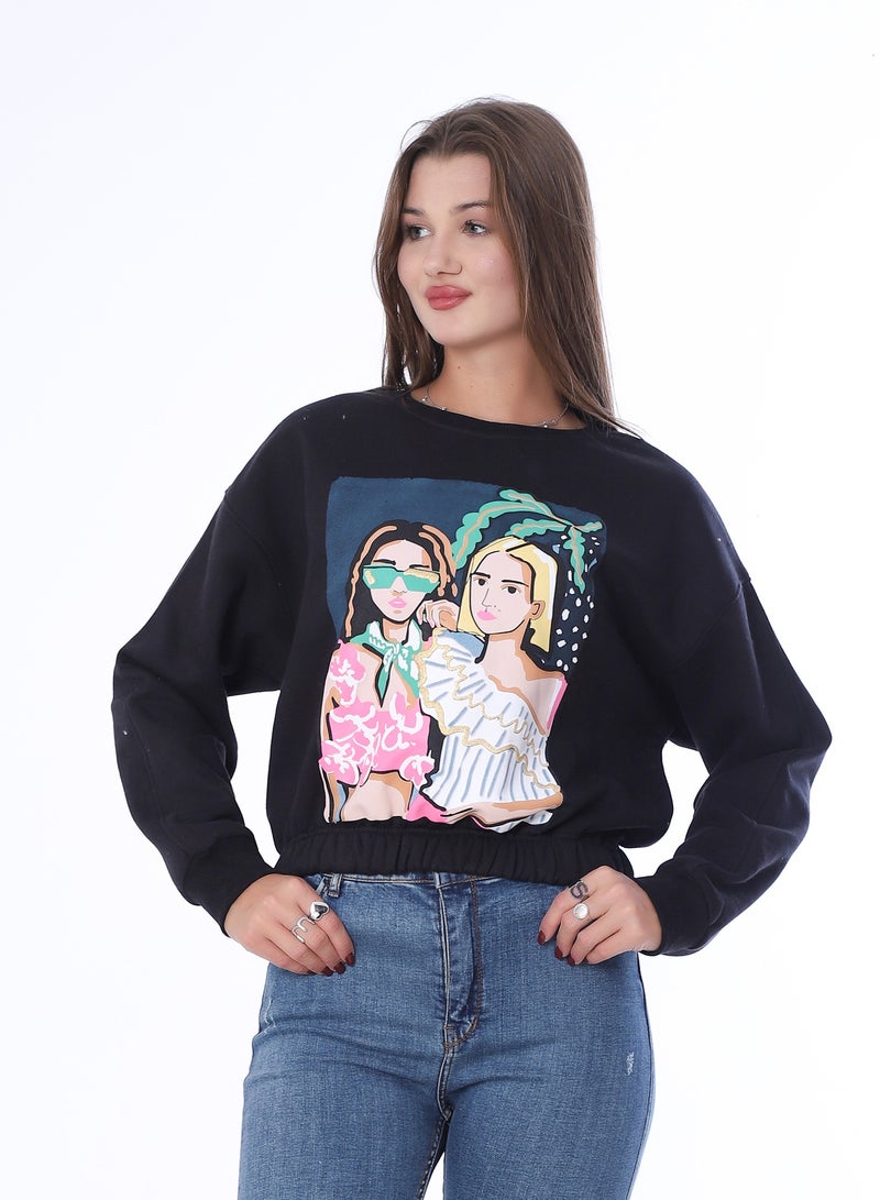 بيبو سويت شيرت نسائي، طباعة جرافيك، أكمام طويلة_اسود - Image 1
