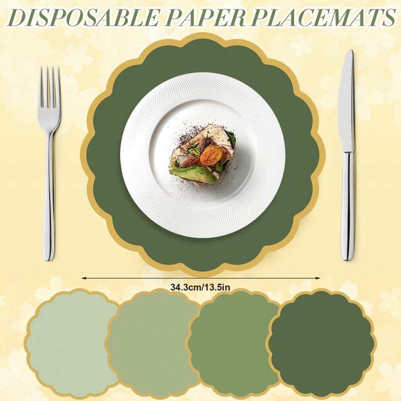 ElasignShopo 100 Pcs Sage Green Paper Placemats 13.5 Inch Disposable Scalloped Colorful Pastel Round Table Place Mats with Gold Edges, Decorative Colors Mats for Birthday Wedding Baby Shower Banquet Tea Party - Image 2