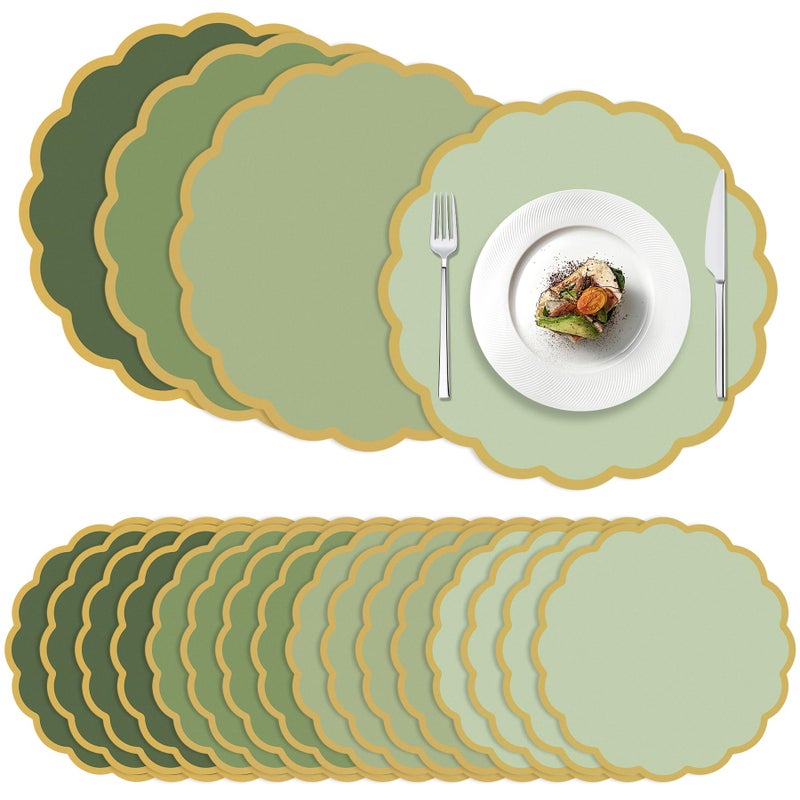 ElasignShopo 100 Pcs Sage Green Paper Placemats 13.5 Inch Disposable Scalloped Colorful Pastel Round Table Place Mats with Gold Edges, Decorative Colors Mats for Birthday Wedding Baby Shower Banquet Tea Party - Image 1