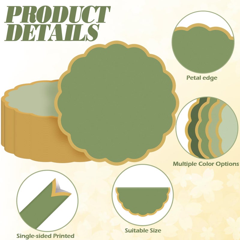 ElasignShopo 100 Pcs Sage Green Paper Placemats 13.5 Inch Disposable Scalloped Colorful Pastel Round Table Place Mats with Gold Edges, Decorative Colors Mats for Birthday Wedding Baby Shower Banquet Tea Party - Image 3