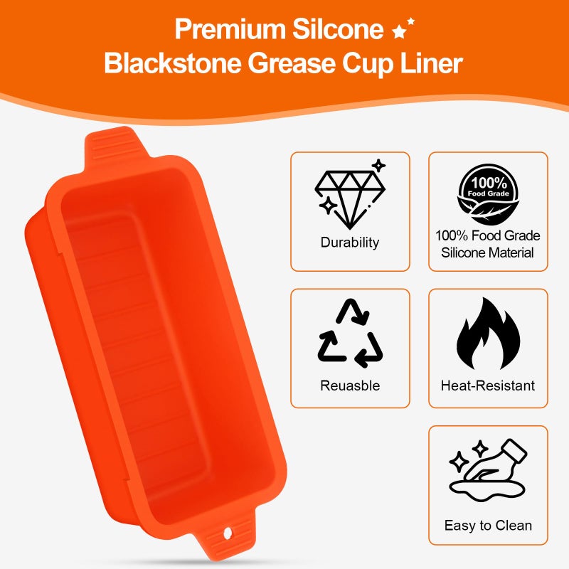 Oliggive 2 PCS Silicone Grease Cup Liners for Blackstone 36 28 22 17 Inch Griddle,Reusable Grease Catcher Cup Liner Grill Grease Tray,Durable Drip Pans Blackstone Griddle Accessories,Orange - Image 5