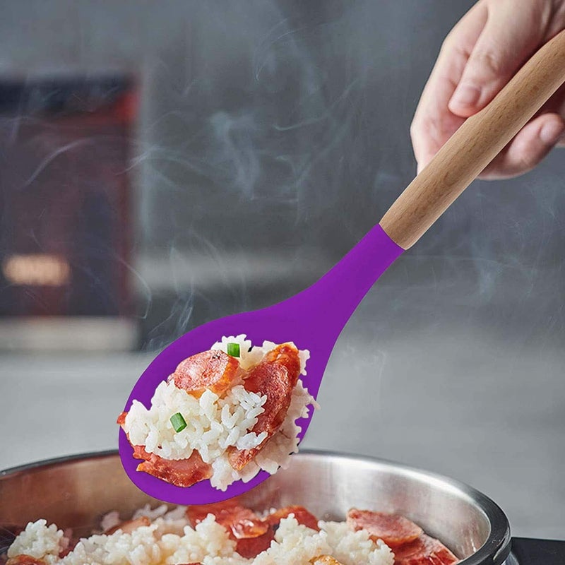 P Plus fireSet of 5 Piece Silicone spatulas Cooking Utensil Set with Natural Acacia Hard Wood HandleWOODEN5APPLUS Purple - Image 4