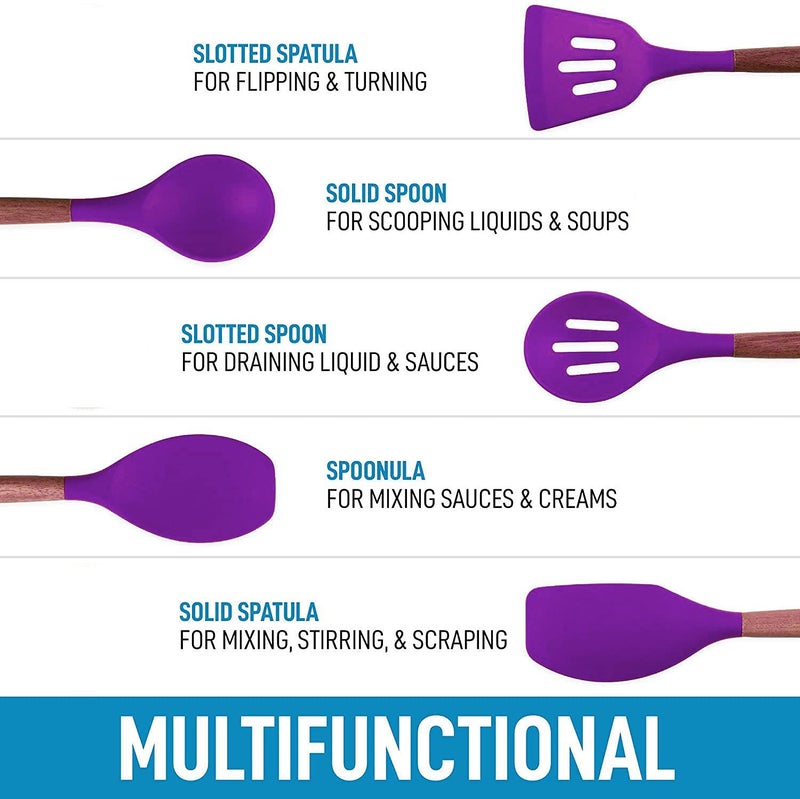 P Plus fireSet of 5 Piece Silicone spatulas Cooking Utensil Set with Natural Acacia Hard Wood HandleWOODEN5APPLUS Purple - Image 3