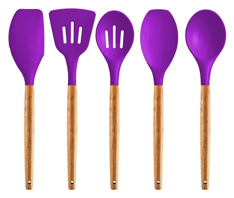P Plus fireSet of 5 Piece Silicone spatulas Cooking Utensil Set with Natural Acacia Hard Wood HandleWOODEN5APPLUS Purple - Image 1