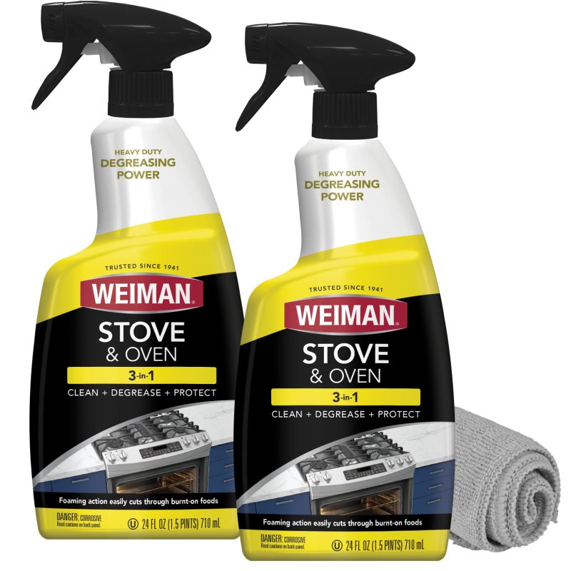 Weiman Heavy Duty Stove and Oven Cleaner and Degreaser for Glass, Ceramic Cooktops, BBQ grill grates - 2 Pack, 24 Oz w/MicroFiber Towel - Image 1