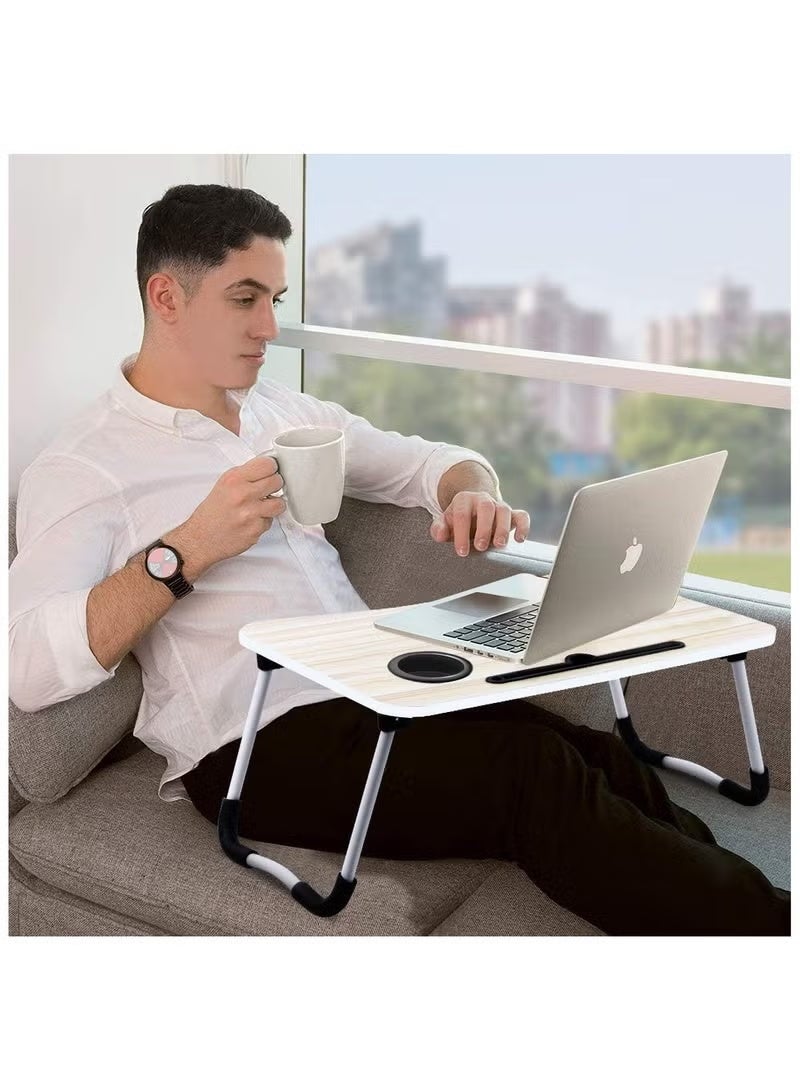 ROSE CARESS Portable Laptop Table for Bed & Sofa Foldable Study Table with Cup Holder & Tablet Slot | Adjustable Lap Desk for Laptop, Reading, Writing Lightweight, Durable & Ergonomic Design for Home, Office, Kids & Adults, colour wood white. - Image 3