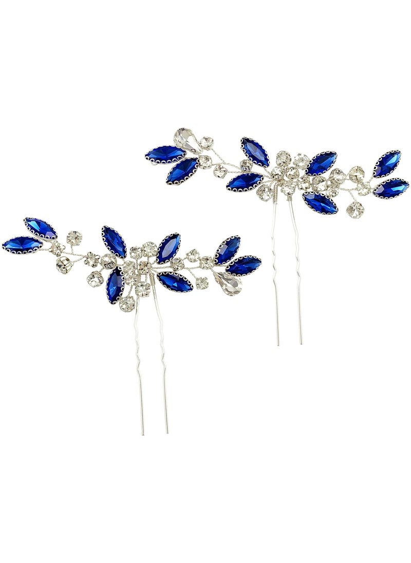 BETITETO Crystal Bridal Hair Pins Sparkle White Blue Rhinestone Wedding Hair Piece Accessories for Women Girls Pack of 2 Blue 