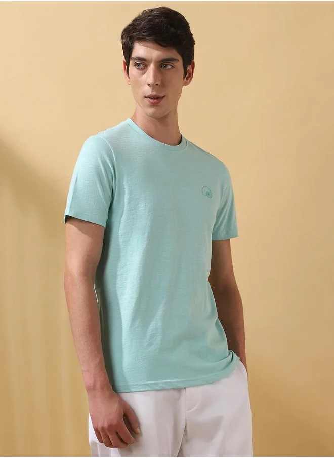 دينيس لينغو Eggshell Blue Cotton Solid Pattern Regular Fit T-Shirts for Men with Round Neck Neckline Half Sleeves Regular Length Upper Body Wear T-shirts Knitted Weave - Perfect for Lifestyle Occasions
