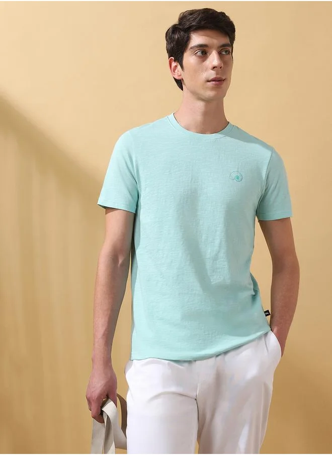 دينيس لينغو Eggshell Blue Cotton Solid Pattern Regular Fit T-Shirts for Men with Round Neck Neckline Half Sleeves Regular Length Upper Body Wear T-shirts Knitted Weave - Perfect for Lifestyle Occasions
