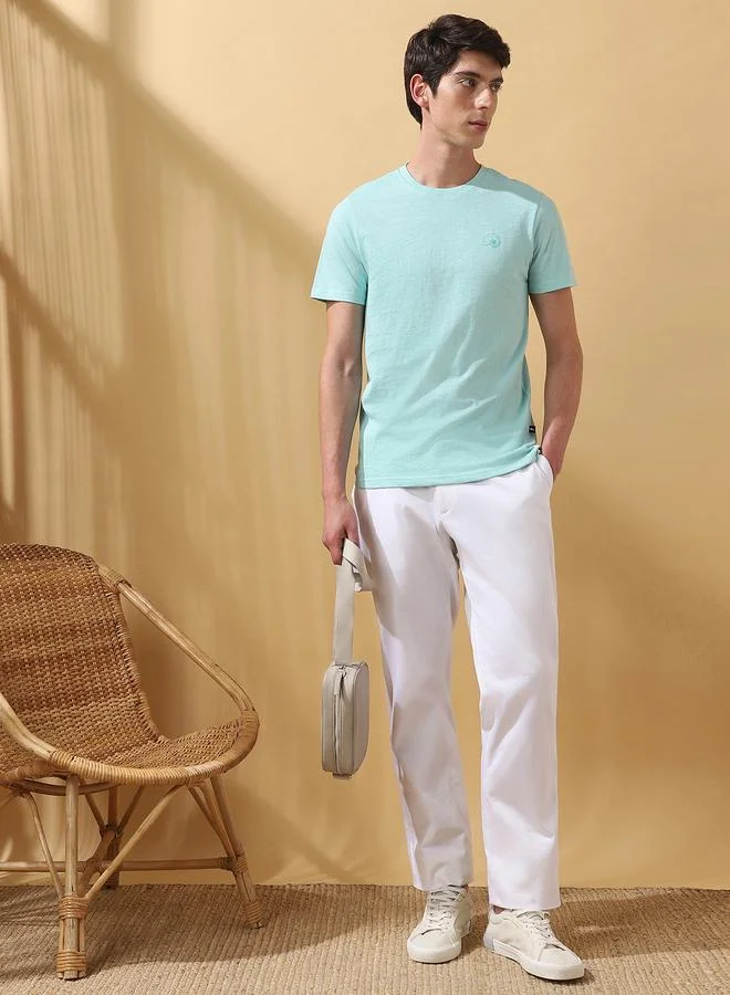 Dennis Lingo Men's Eggshell Blue 100% Cotton Solid Pattern Regular Fit T-Shirt