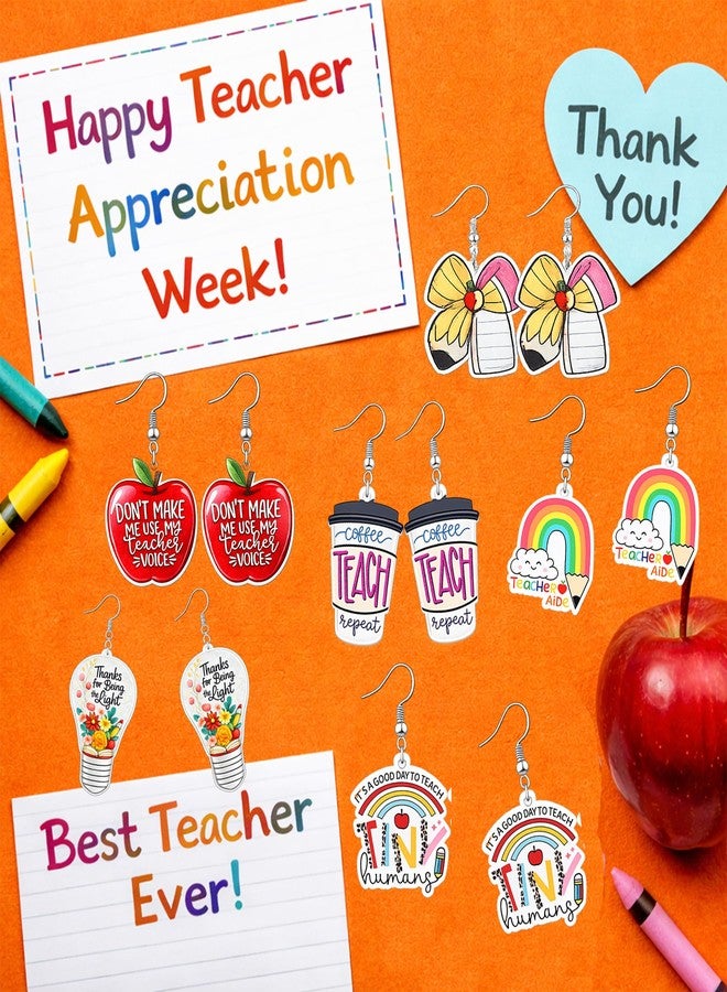 Echpzed 8 Pairs Teacher Appreciation Earrings Set for Women, Acrylic Dangle Teacher Earrings with Storage Box, Pencil Apple Rainbow Classroom Designs, Teacher Gift Accessories - Image 4