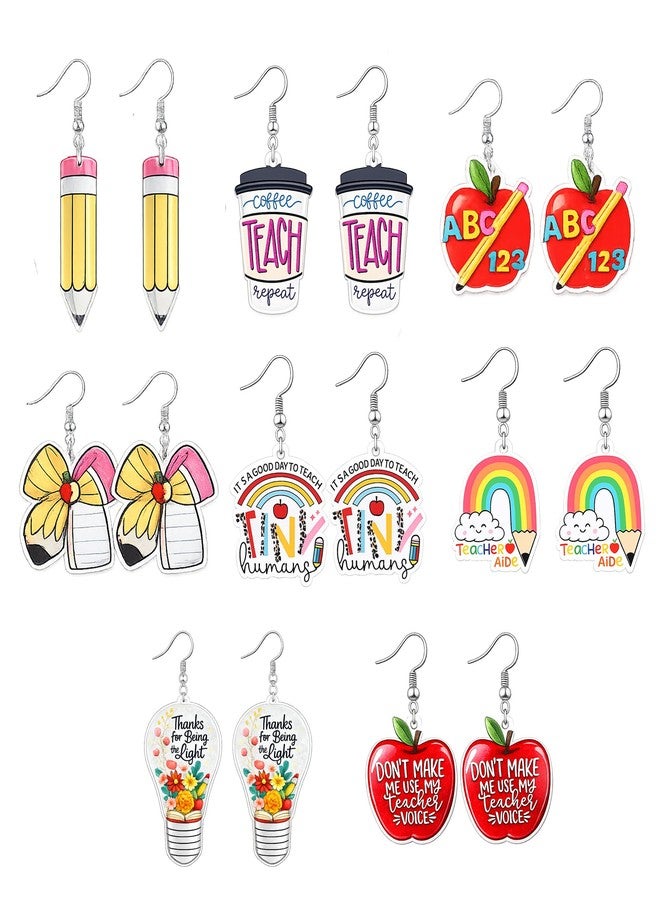 Echpzed 8 Pairs Teacher Appreciation Earrings Set for Women, Acrylic Dangle Teacher Earrings with Storage Box, Pencil Apple Rainbow Classroom Designs, Teacher Gift Accessories - Image 1