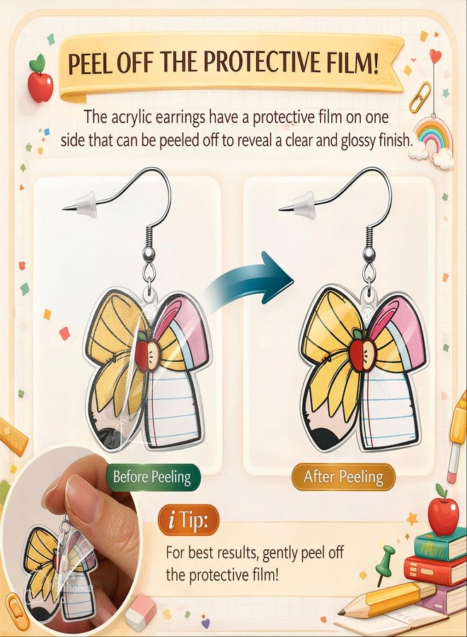 Echpzed 8 Pairs Teacher Appreciation Earrings Set for Women, Acrylic Dangle Teacher Earrings with Storage Box, Pencil Apple Rainbow Classroom Designs, Teacher Gift Accessories - Image 2