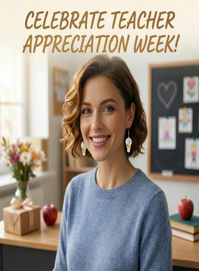 Echpzed 8 Pairs Teacher Appreciation Earrings Set for Women, Acrylic Dangle Teacher Earrings with Storage Box, Pencil Apple Rainbow Classroom Designs, Teacher Gift Accessories - Image 5