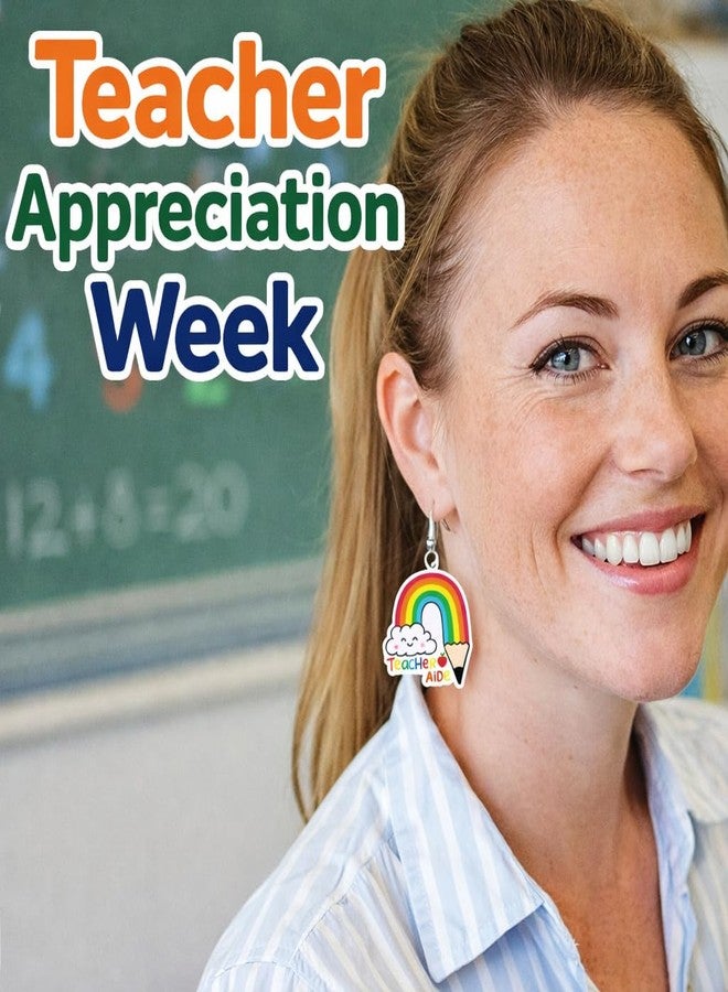 Echpzed 8 Pairs Teacher Appreciation Earrings Set for Women, Acrylic Dangle Teacher Earrings with Storage Box, Pencil Apple Rainbow Classroom Designs, Teacher Gift Accessories - Image 3