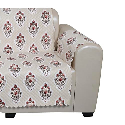 KINGLY Velvet 3 Seater Quilted Digital Printed Sofa Cover Pink Passion, Beige Cream - Image 4