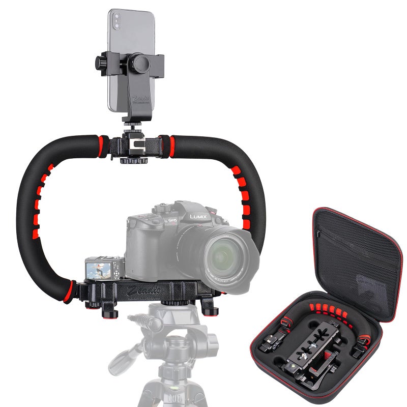 Zeadio Camera Smartphone Stabilizer, Foldable Handle Grip Handheld Video Rig with Carrying Case, Fits for All Camera, Camcorder, Action Camera, DSLR and All iPhone and Android Smartphones - Image 1