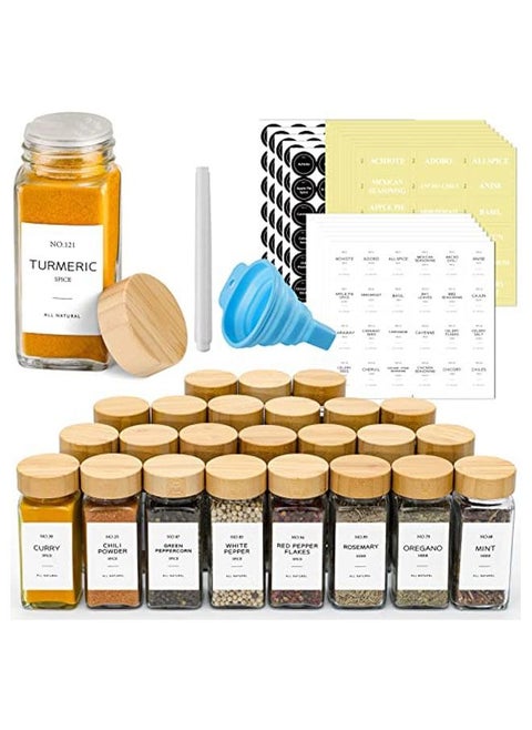 24 Pcs Spice Jars with Labels Glass Spice Jars with Bamboo Lids, Minimalist Farmhouse Spice Labels Stickers, Collapsible Funnel, Seasoning Storage Bottles for Spice Rack, Cabinet, Drawer