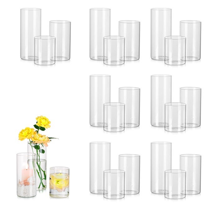 GLASS CYLINDER VASES SET OF 24 TALL CLEAR VASE FOR CENTERPIECES GLASS HURRICANE CANDLE HOLDERS FOR PILLAR FLOATING CANDLES ROUND VASES FOR WEDDING EVENTS TABLE DECOR 26 IN DIAMETER