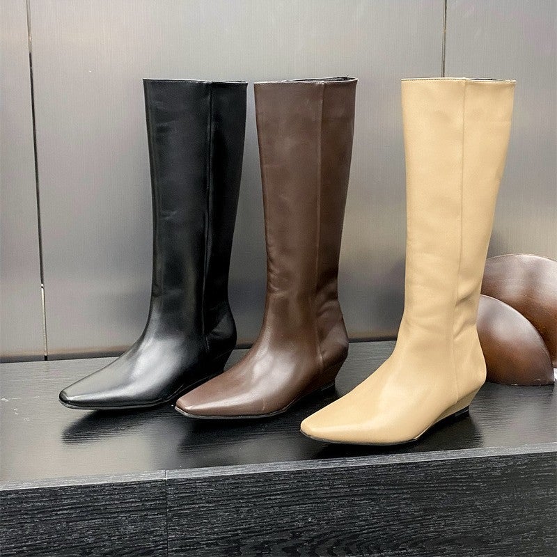 Long Boots Over The Knee Fashion Single Boots 2024 Square Toe Inner Heightening Bottom Knight Boots British Style Slim Boots Black High Heels - Image 2