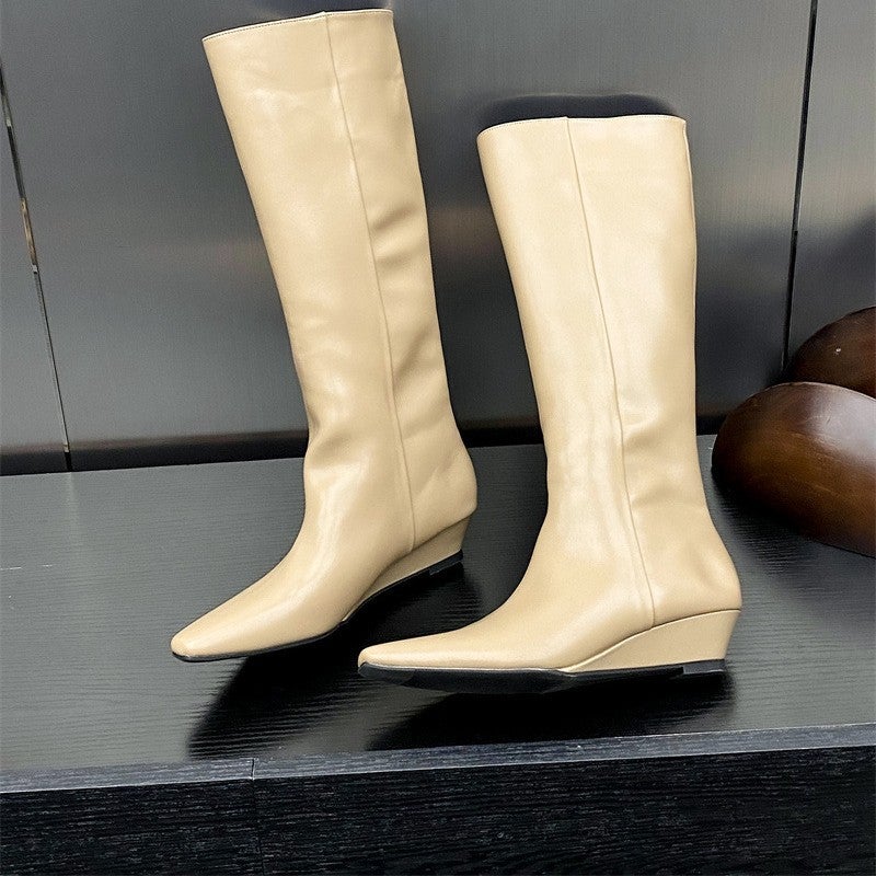 Long Boots Over The Knee Fashion Single Boots 2024 Square Toe Inner Heightening Bottom Knight Boots British Style Slim Boots Black High Heels - Image 1