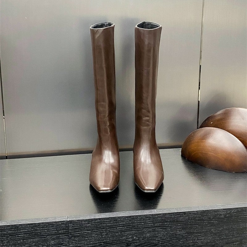 Long Boots Over The Knee Fashion Single Boots 2024 Square Toe Inner Heightening Bottom Knight Boots British Style Slim Boots Black High Heels - Image 4